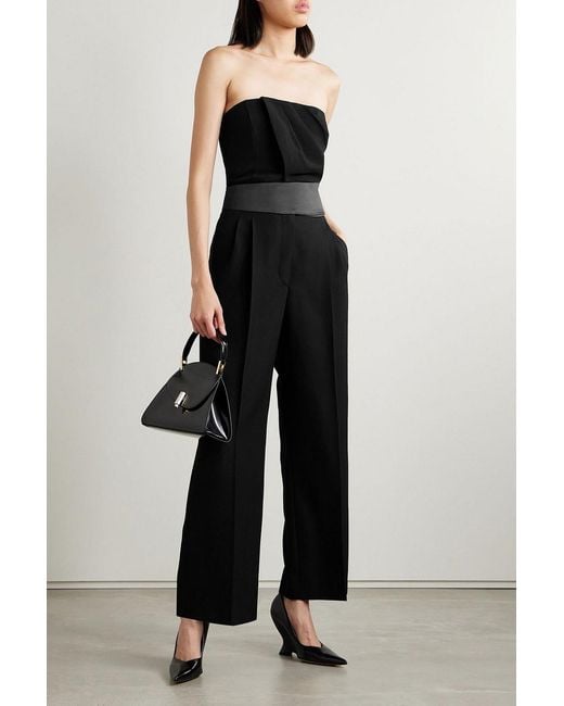 Stella McCartney Black Pleated Satin-trimmed Wool-crepe Straight-leg Pants