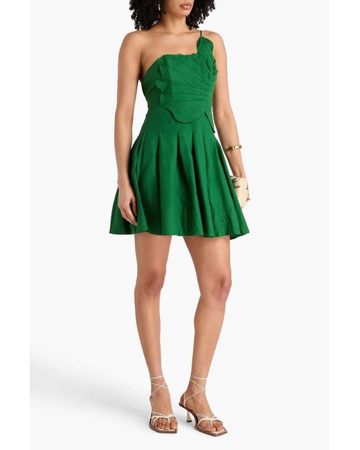Farm Rio Green One-shoulder Pleated Linen-blend Mini Dress