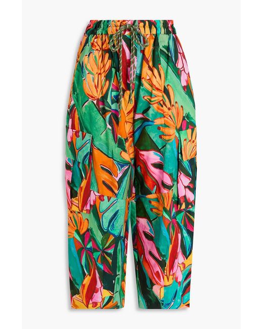 Farm Rio Blue Cropped Floral-Print Cotton Cargo Pants