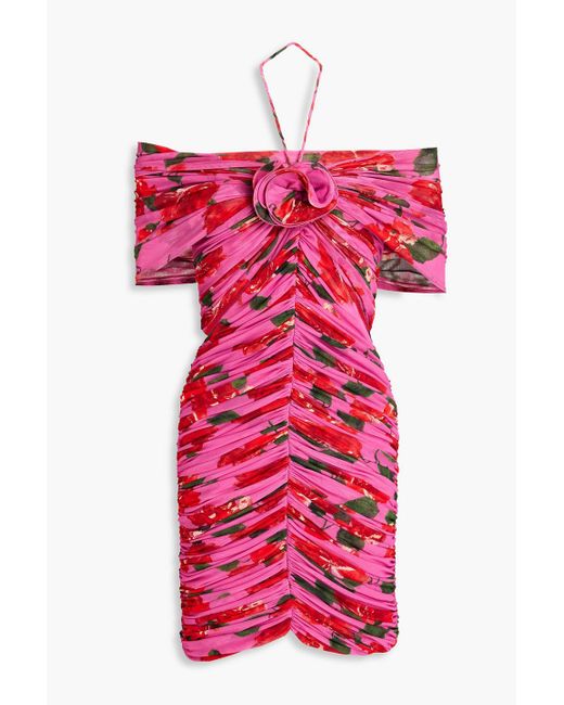 Magda Butrym Pink Cold-shoulder Appliquéd Ruched Floral-print Stretch-tulle Mini Dress