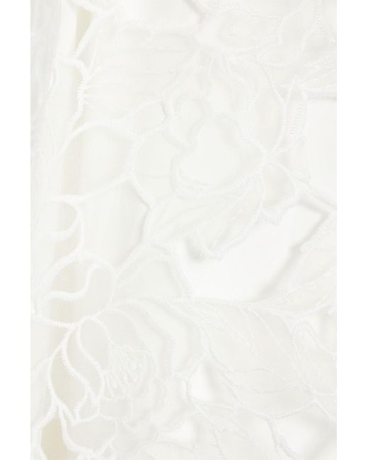 Badgley Mischka White Crepon-paneled Guipure Lace Midi Dress