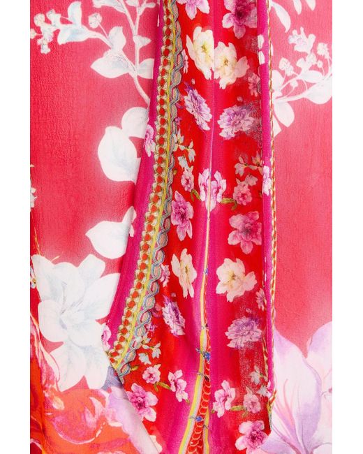 Camilla Red Crystal-Embellished Floral-Print Silk-Georgette Trench Coat