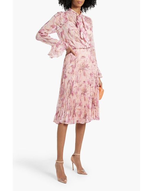 Mikael Aghal Pink Pleated Floral-print Chiffon Skirt