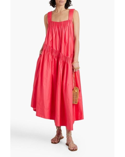 Aje. Red Severine Asymmetric Pleated Cotton-poplin Midi Dress