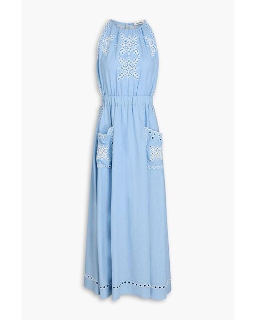 Sandro Blue Cutout Broderie Anglaise Linen-Blend Midi Dress