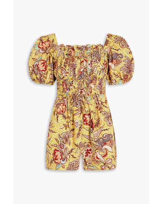 Ulla Johnson Yellow Alo Shirred Printed Cotton-poplin Playsuit