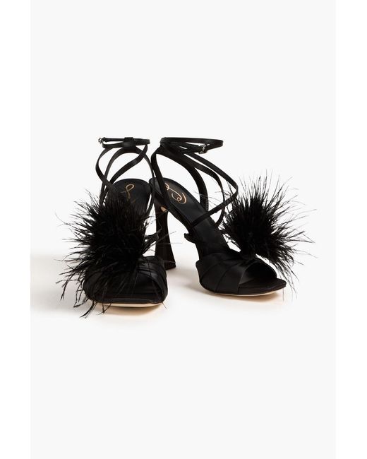 Sam Edelman Black Leon Feather-trimmed Satin Sandals