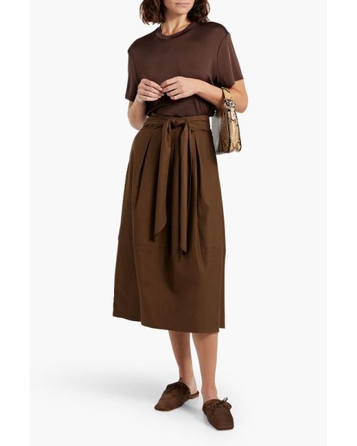 Vince Brown Belted Pleated Cotton And Wool-blend Twill Midi Skirt
