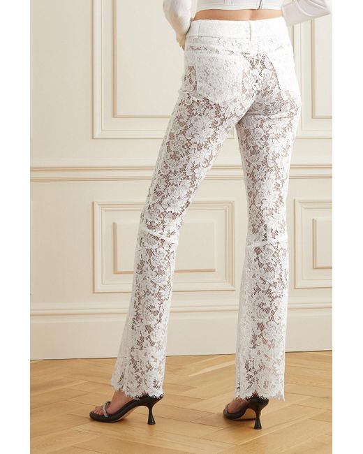 Alessandra Rich White Belted Crystal-embellished Cotton-blend Lace Flared Pants