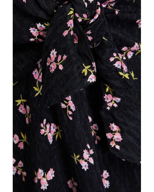 Maje Black Knotted Floral-print Cupro-blend Jacquard Mini Dress