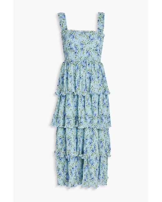 Ganni Blue Floral-print Plisse-chiffon Midi Dress