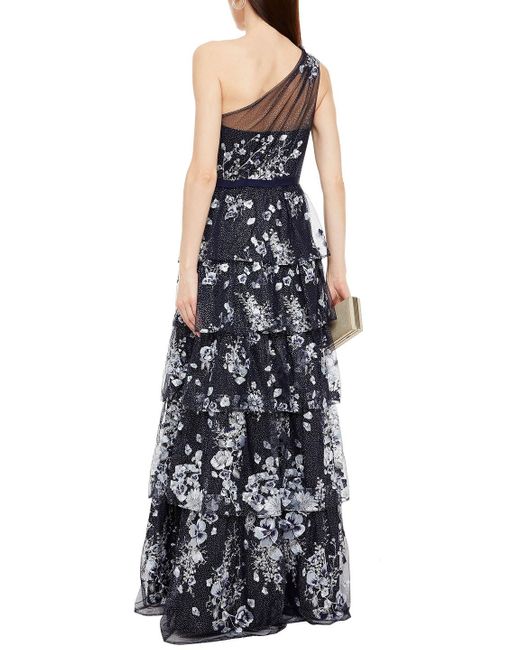 Marchesa notte Blue One-shoulder Embellished Tiered Tulle Gown