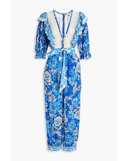 Farm Rio Blue Cropped Lace-Trimmed Floral-Print Linen-Blend Jumpsuit