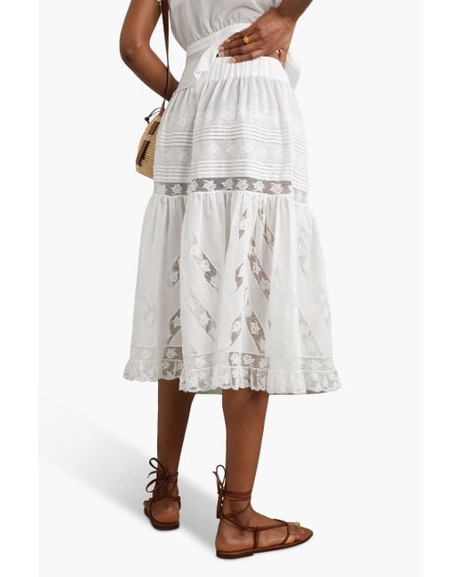 Loretta Caponi White Lucy Tiered Lace-trimmed Cotton-voile Midi Skirt