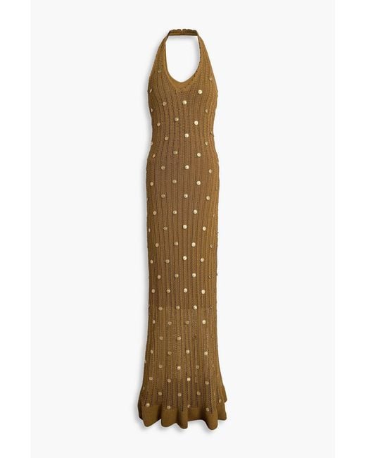 Sandro Metallic Embellished Crochet-knit Cotton-blend Halterneck Maxi Dress