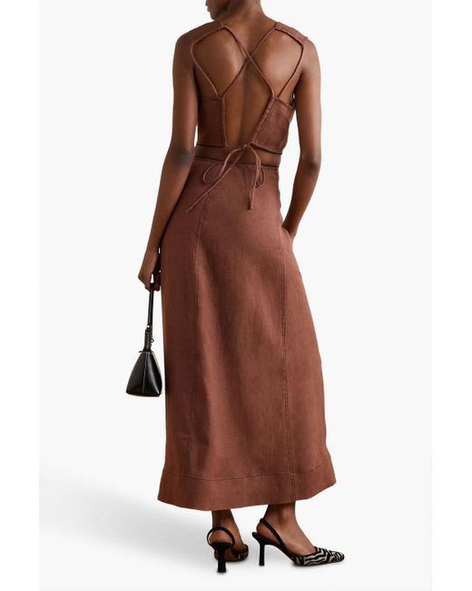 Ganni Brown Bead-embellished Cutout Hemp Maxi Dress