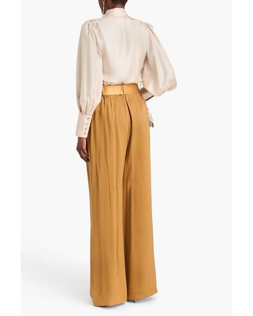 Zimmermann Yellow Belted Pleated Washed-silk Wide-leg Pants