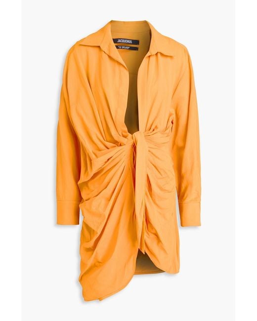 Jacquemus Orange Bahia Draped Woven Mini Shirt Dress