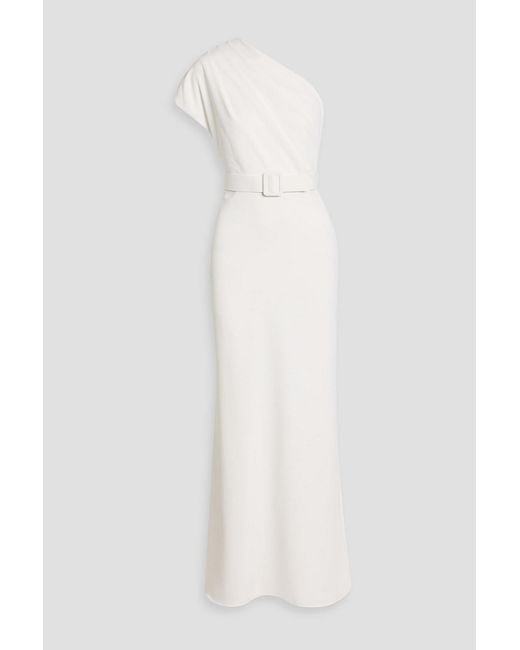 Badgley Mischka White One-Shoulder Belted Crepe Gown