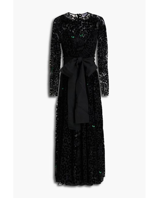 RED Valentino Black Belted Flocked Tulle Midi Dress