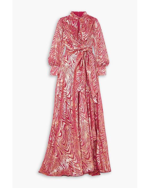 Jonathan Simkhai Red Merren Wrap-effect Cutout Metallic Fil Coupé Silk-blend Moire Gown