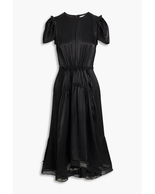 3.1 Phillip Lim Black Ruffled Chiffon-Trimmed Satin Midi Dress