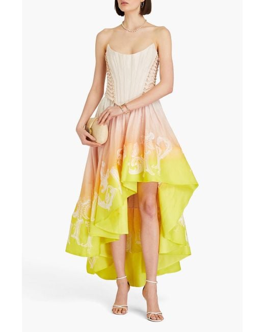 Zimmermann Yellow Embellished Lace-up Dégradé Linen And Silk-blend Gauze Maxi Dress