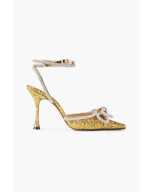 Mach & Mach Metallic Double Bow Crystal-embellished Glittered Leather Pumps