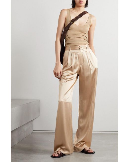 Nili Lotan Natural Flavie Pleated Silk-satin Wide-leg Pants