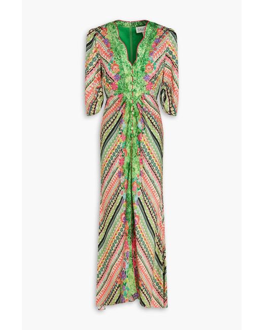 Saloni Green Mitsub Printed Satin-Jacquard Maxi Dress