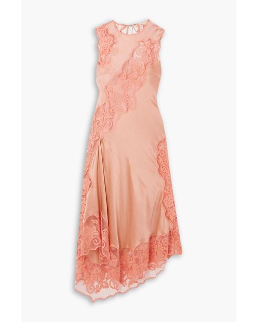 Ulla Johnson Pink Kaia Open-back Asymmetric Appliquéd Tulle-trimmed Silk-charmeuse Midi Dress