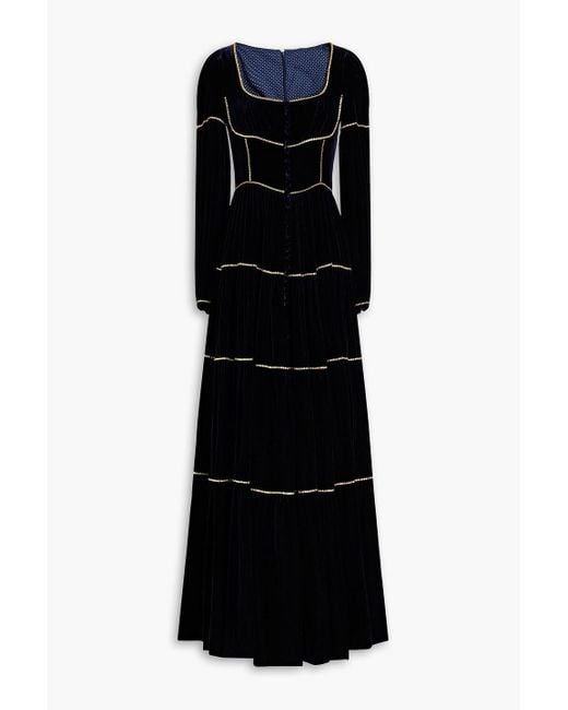 Costarellos Black Tiered Crystal-embellished Velvet Gown