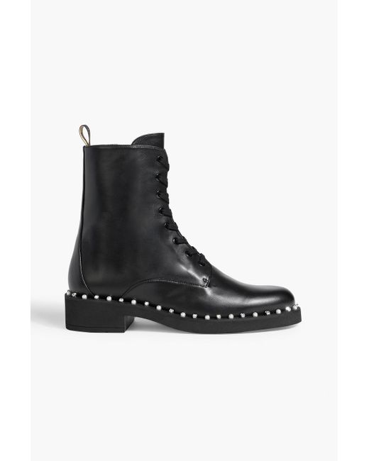 Stuart Weitzman Black Reverie Embellished Leather Combat Boots