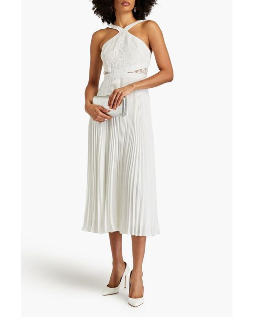 ML Monique Lhuillier White Guipure Lace-paneled Pleated Crepe Midi Dress