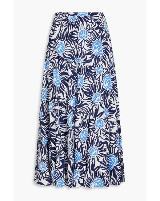 Diane von Furstenberg Blue Venice Tiered Floral-print Canvas Midi Skirt