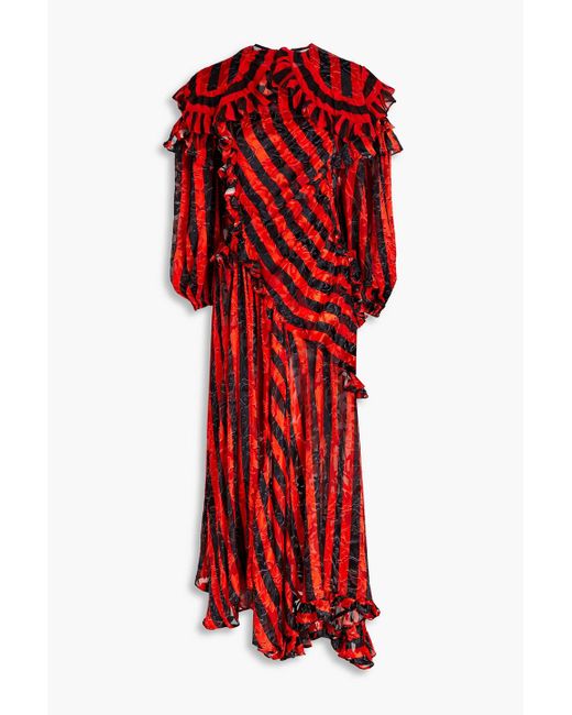Preen By Thornton Bregazzi Red Ruffled Striped Devoré-chiffon Midi Dress