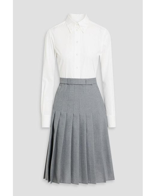 Thom Browne Gray Poplin-paneled Pleated Wool-blend Shirt Dress