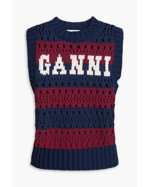 Ganni Blue Striped Pointelle-Knit Cotton-Blend Vest
