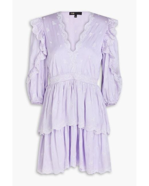 Maje Purple Tiered Embroidered Satin Mini Dress