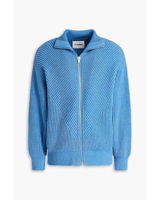 Jil Sander Blue Ribbed Cotton And Wool-blend Zip-up Hoodie for men