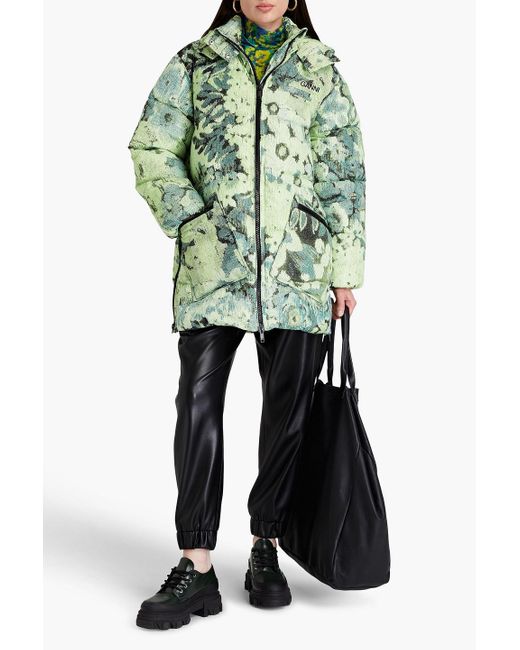 Ganni Green Margarita Oversized Quilted Printed Shell Hooded Jacket