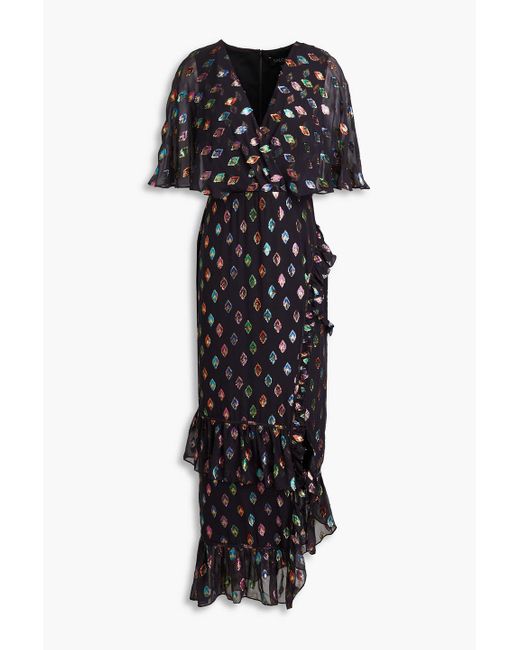 Saloni Black Rose Cape-effect Fil Coupé Silk-georgette Maxi Dress