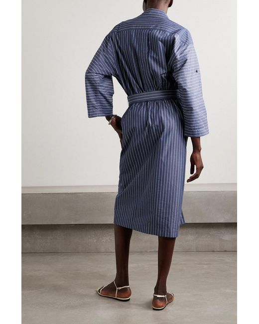 Lafayette 148 New York Blue Gestreiftes midi-hemdblusenkleid aus baumwollpopeline mit gürtel