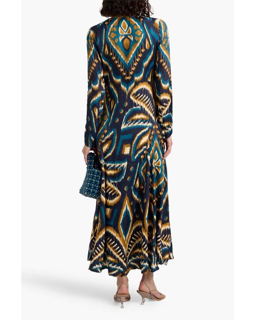 Farm Rio Blue Long Sleeve Satin Maxi Dress, Pineapple Ikat