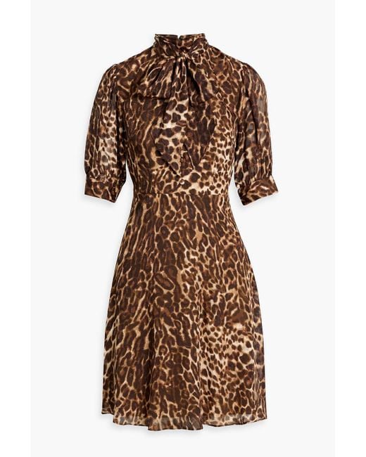 Mikael Aghal Brown Pussy-Bow Leopard-Print Fil Coupé Chiffon Mini Dress