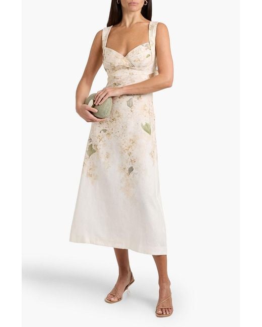 Zimmermann Natural Bow-Detailed Floral-Print Linen Midi Dress