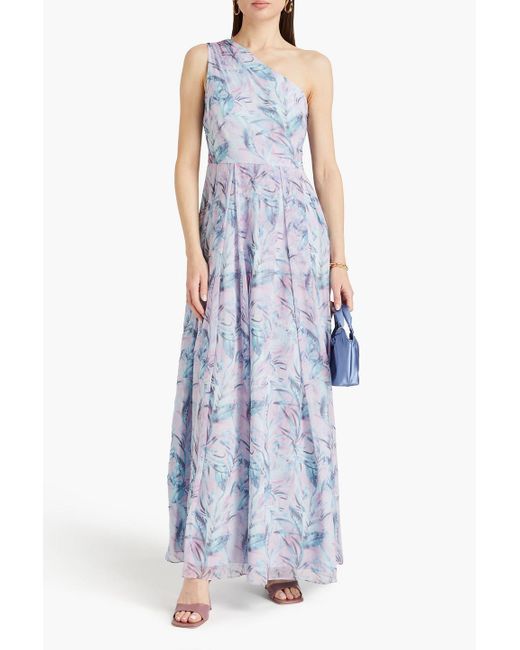 Mikael Aghal Blue One-shoulder Pleated Printed Chiffon Maxi Dress