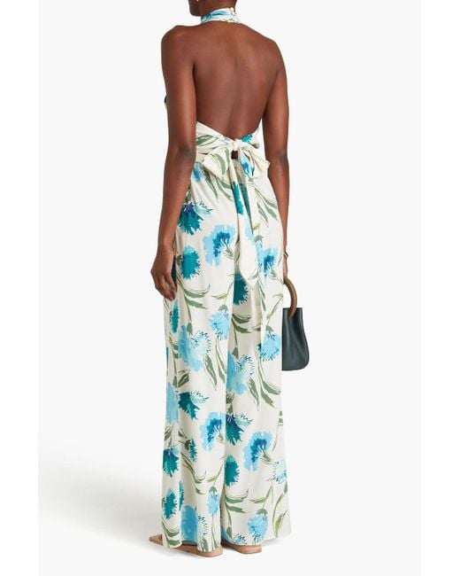 Diane von Furstenberg Blue Cort Floral-Print Twill Halterneck Wide-Leg Jumpsuit