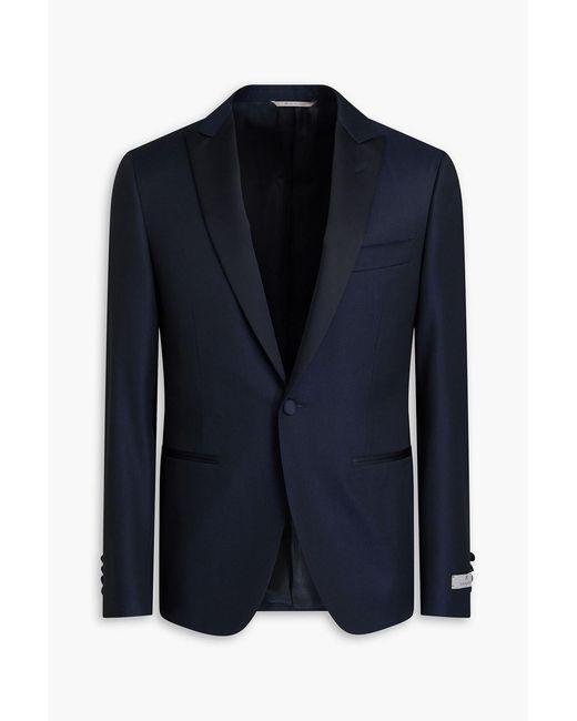 Canali Blue Satin-Trimmed Wool-Jacquard Blazer for men