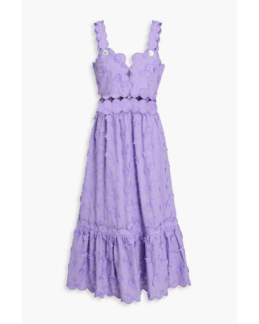 Farm Rio Purple Floral-appliquéd Embroidered Cotton-blend Midi Dress
